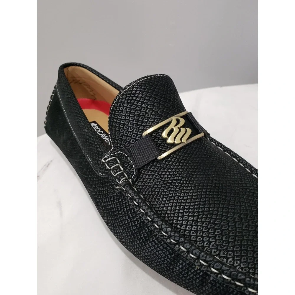 NEW Rocawear 9.5 Black Textured Driving Loafers Gold Logo Slip On Casual Shoes